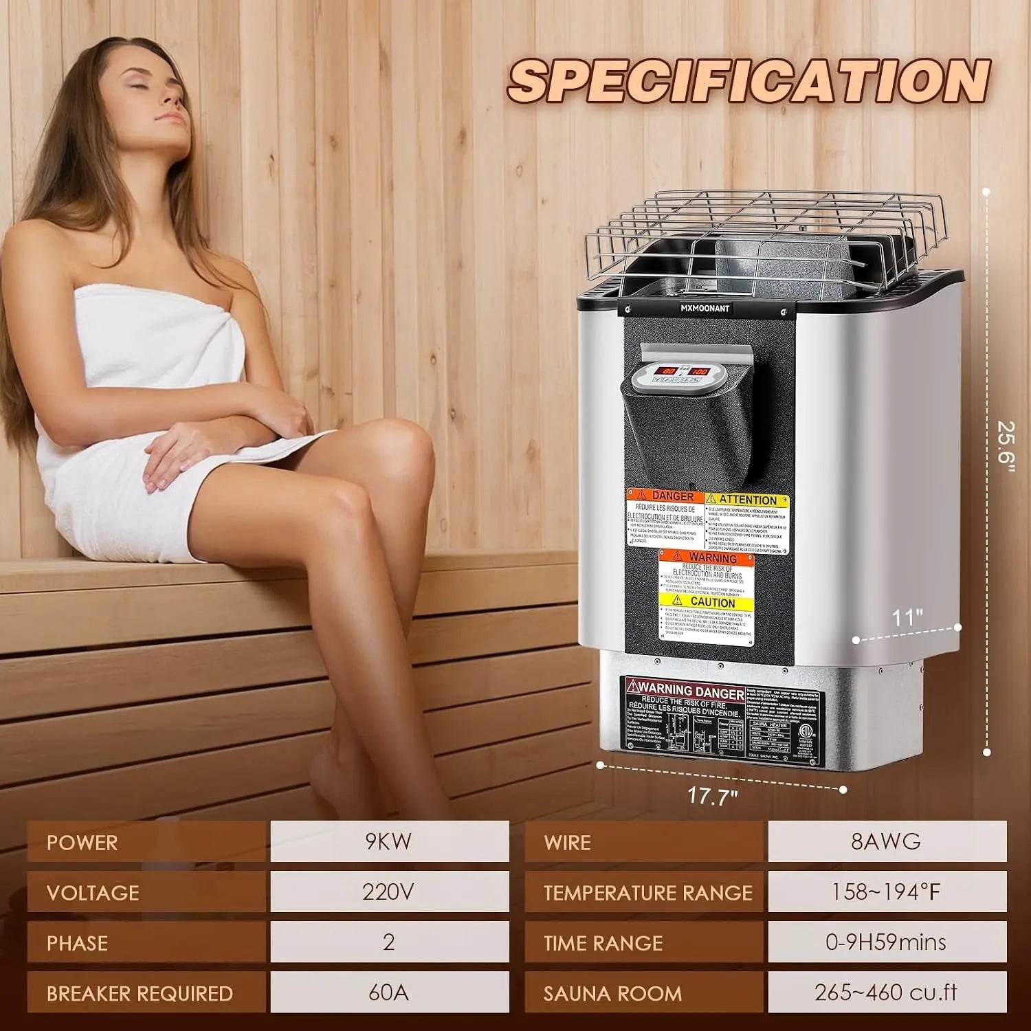 Sauna Heater, 9KW 220V Electric Digital Sauna Heaters ETL Listed | Built-In Digital Control, 158-194℉ Temp Range, Max. 460 Cu.Ft Sauna Room for Home Hotel Spa with Sauna Hygrothermograph
