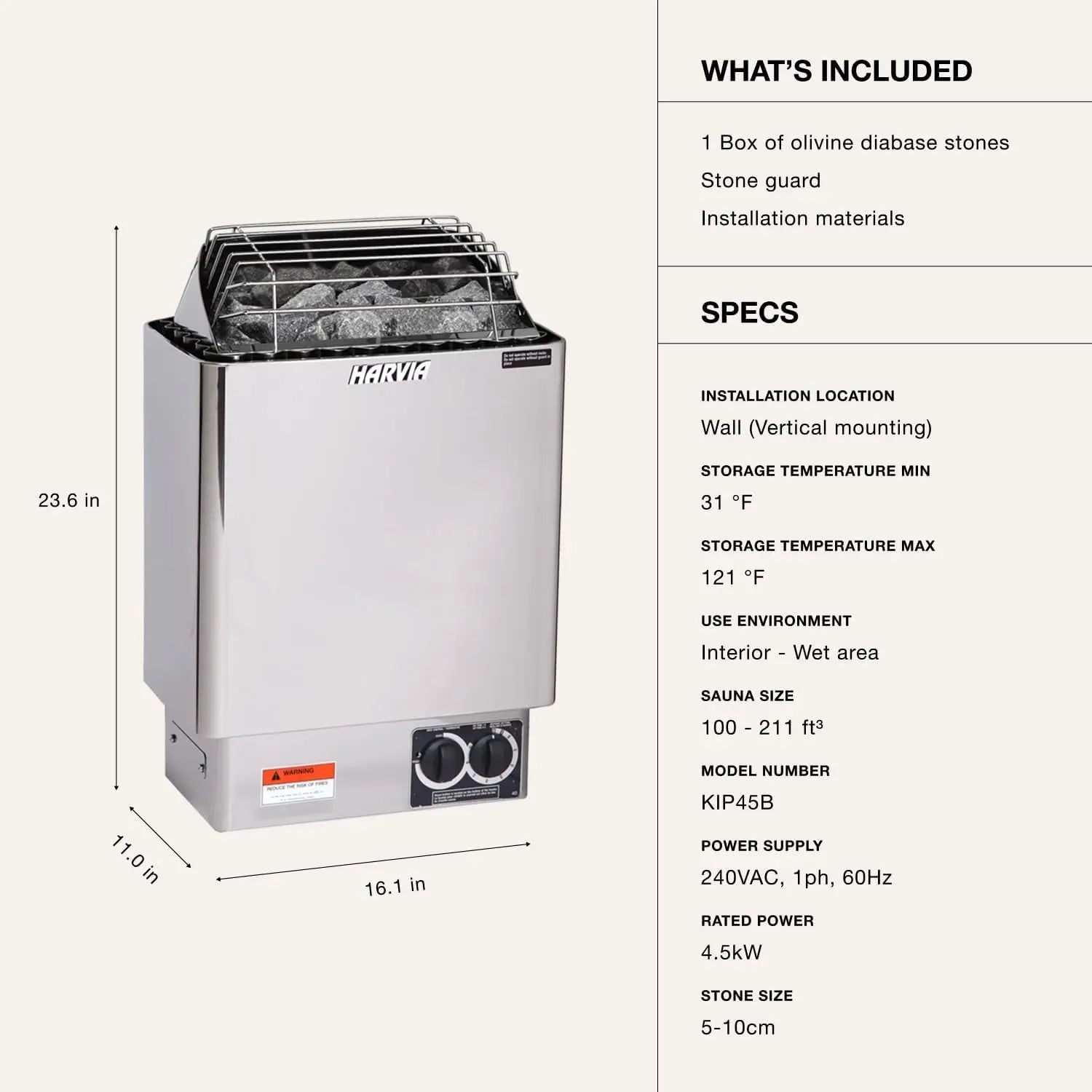 KIP Sauna Heater, Wall Mounted Electric Sauna Stove, Stainless Steel 240V Heater with Sauna Stones Included, Large Stone Cavity for Maximum Heat Release (4.5Kw - Dials)