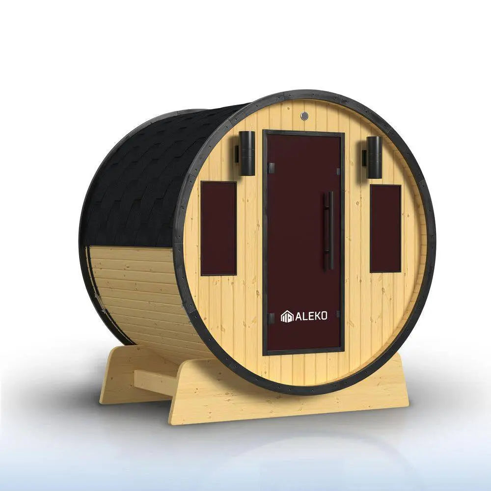 3-Person Capacity Outdoor White Finland Pine Wet/Dry Traditional Barrel Sauna with Black Accents