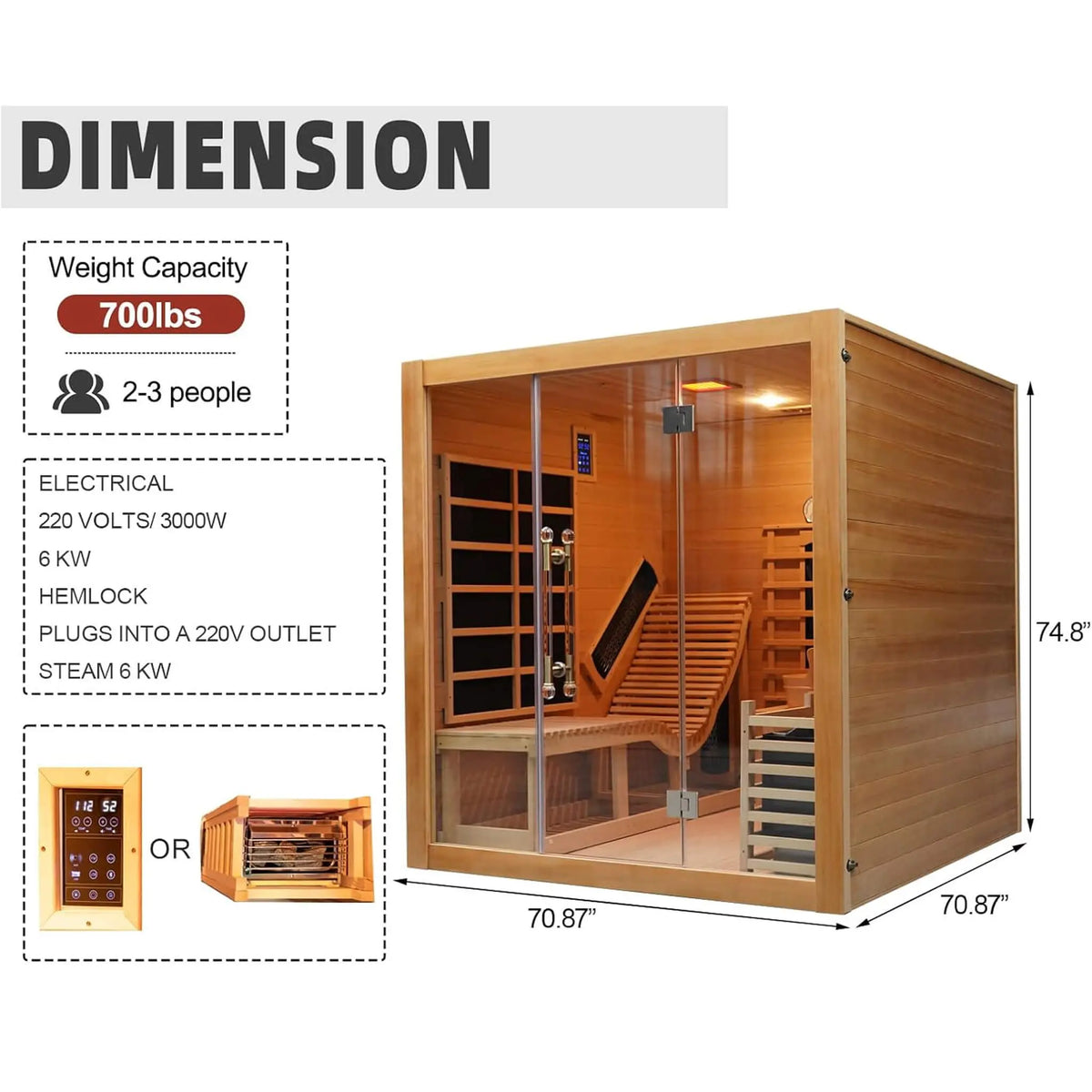 Oasis 3-Person Indoor Hybrid Sauna Room With Built-In Lounge Chair [Made-To-Order] (SAK35182) SAKSBY WHOLESALE