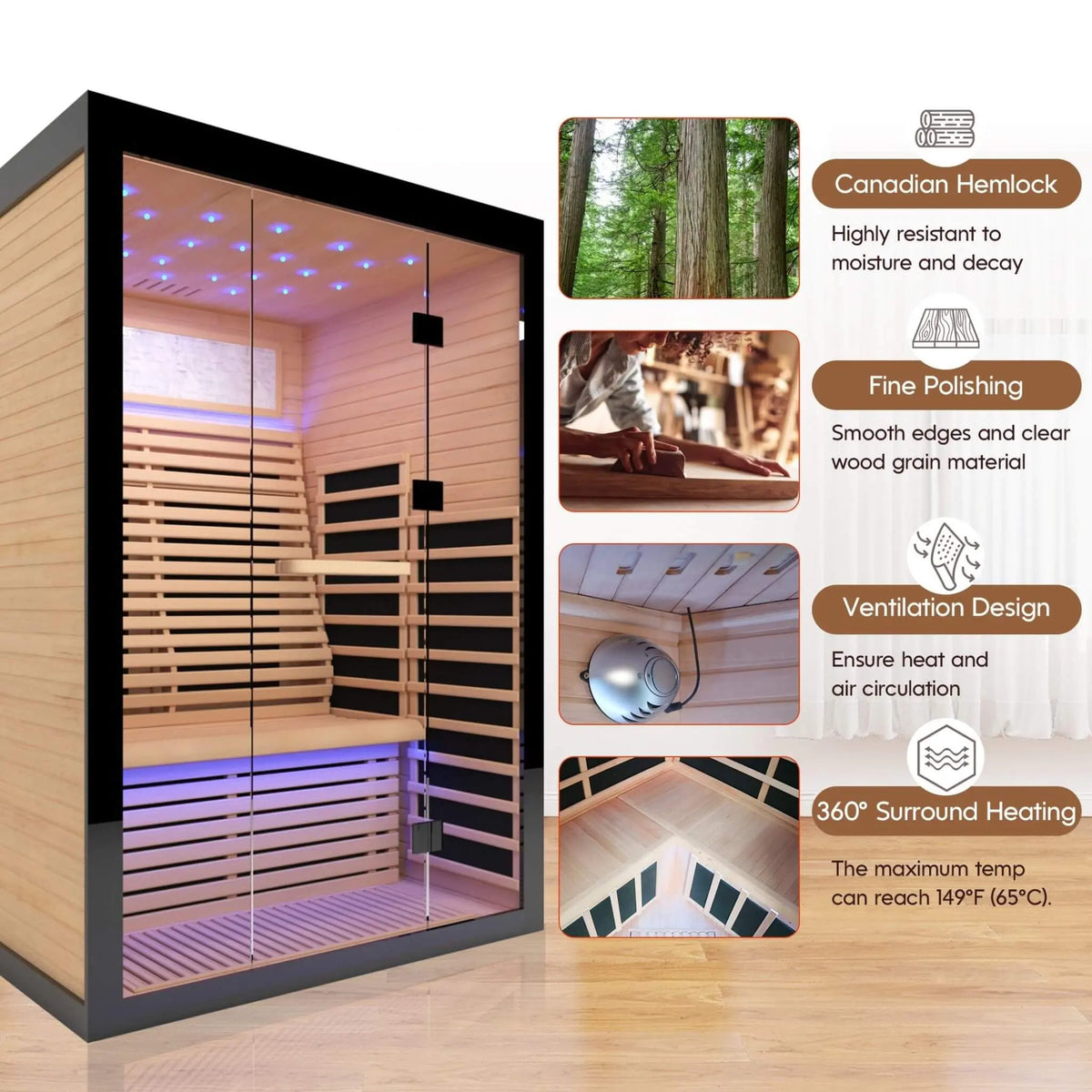 Vapor Luxury 2-Person Canadian Hemlock Wood Far Infrared Home Sauna (SAK56874) SAKSBY WHOLESALE