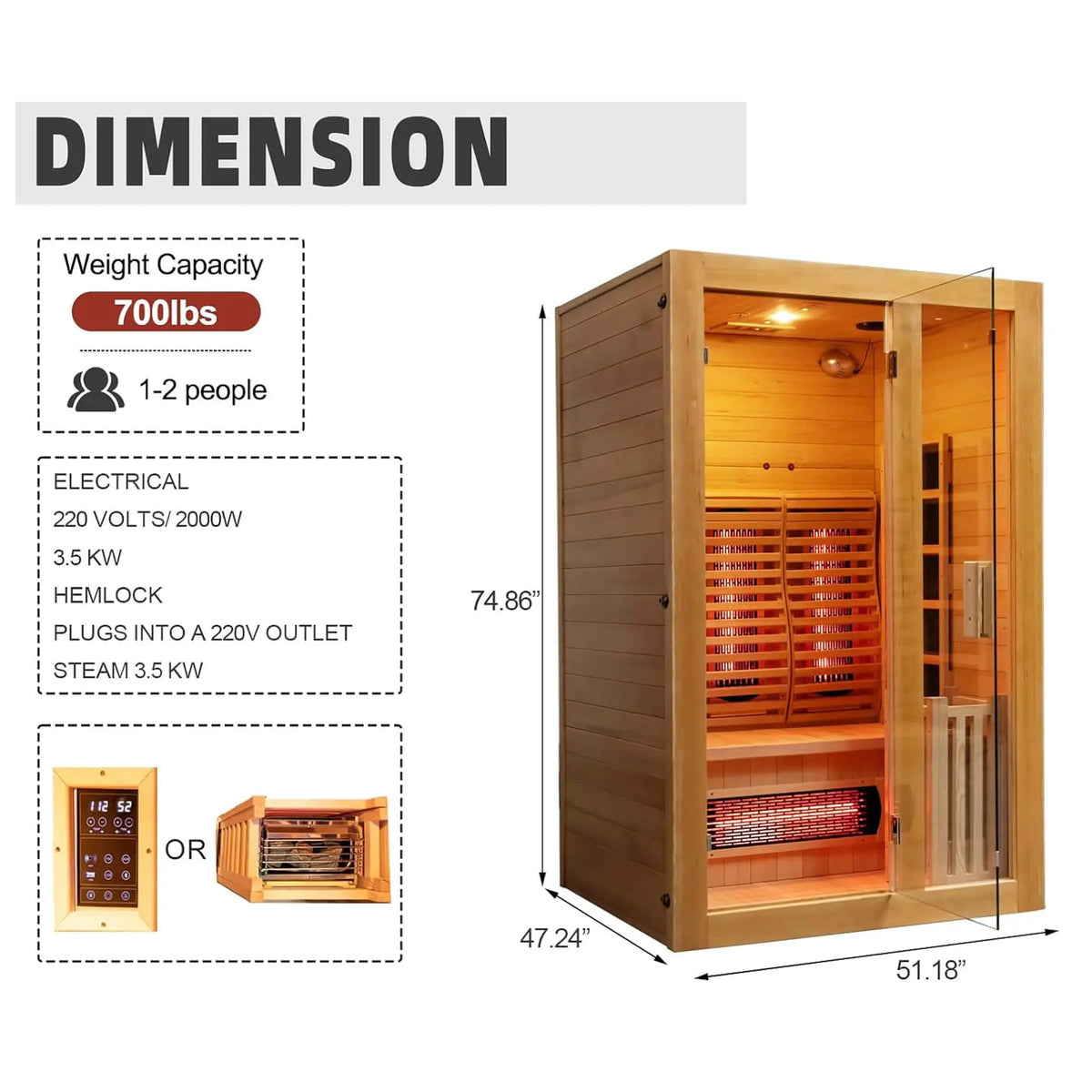 Luma 2-Person Indoor Hybrid Sauna Room With Infrared And 3.5KW Steam Heater [Made-To-Order] (SAK83750) SAKSBY WHOLESALE