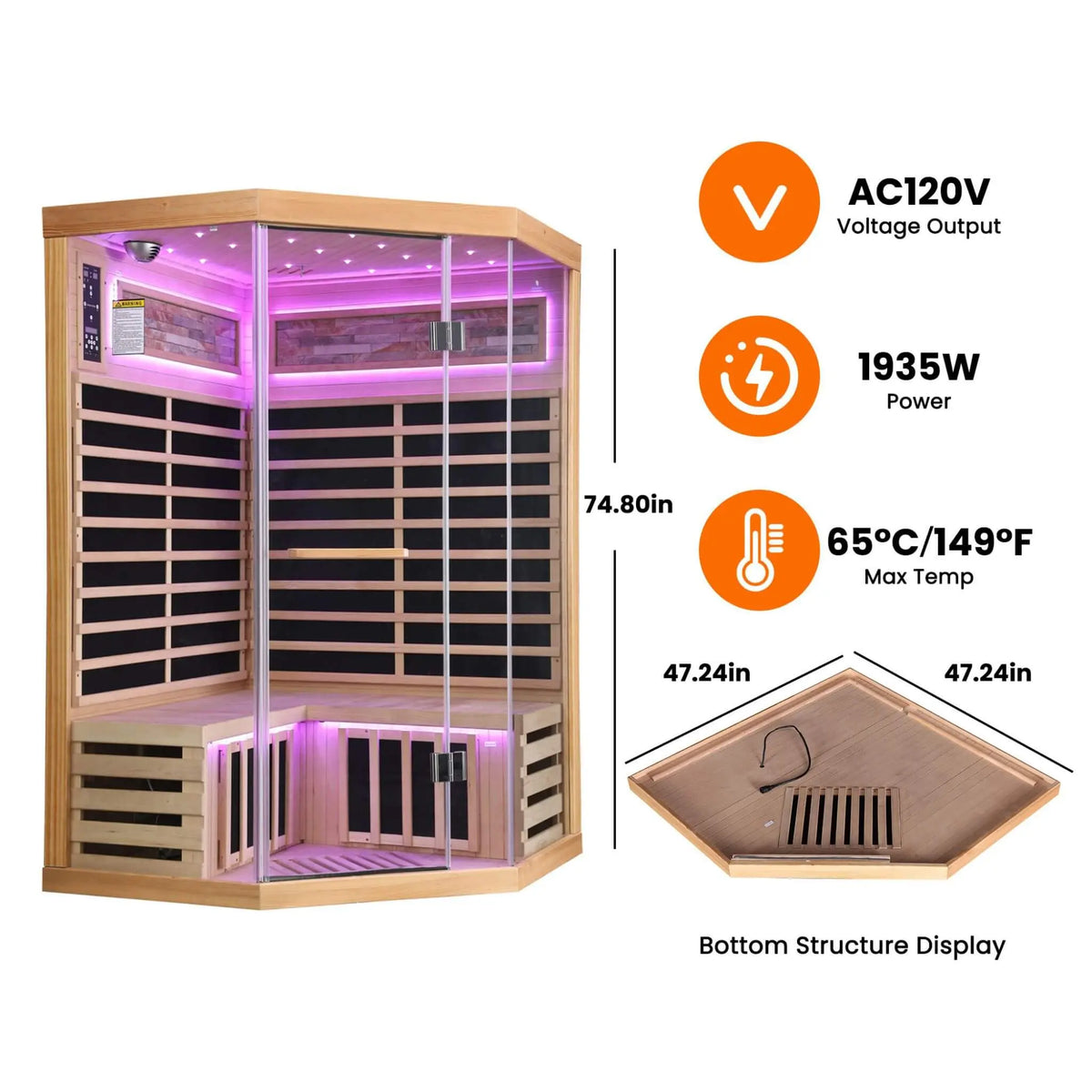 Ember Premium Canadian Hemlock 2-Person Indoor Infrared Sauna Room With Glass Front (SAK21495) SAKSBY WHOLESALE
